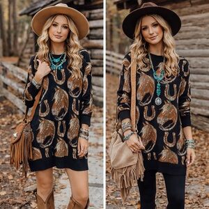 Western Patterned Oversized Mini Sweater Dress
